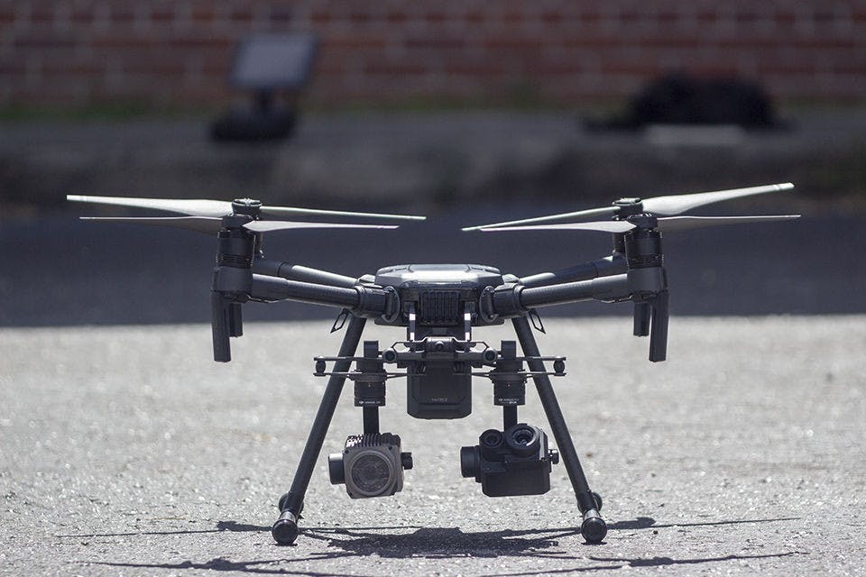 "Reefer One" a drone donated to Alachua County Fire Rescue by Liberty Health Sciences,&nbsp;a locally-owned&nbsp;medicinal marijuana dispensary, flies during a demonstration. "Reefer One" is equipped with a $12,000 dual-mode thermal camera and a camera capable of 30-times zoom.&nbsp;(photo by Aaron Ritter)
&nbsp;