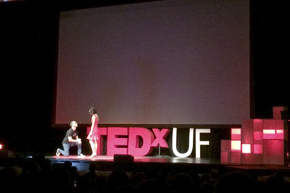 <p>Rob Castellucci, co-founder of RoomSync and founder of the Gator Salsa Club, proposes to his girlfriend after the end of his talk at TEDxUF on Saturday. “I would go on for a thousand more reasons, but I’m pretty sure my 18 minutes is almost up,” Castellucci said. “Will you marry me?”</p>