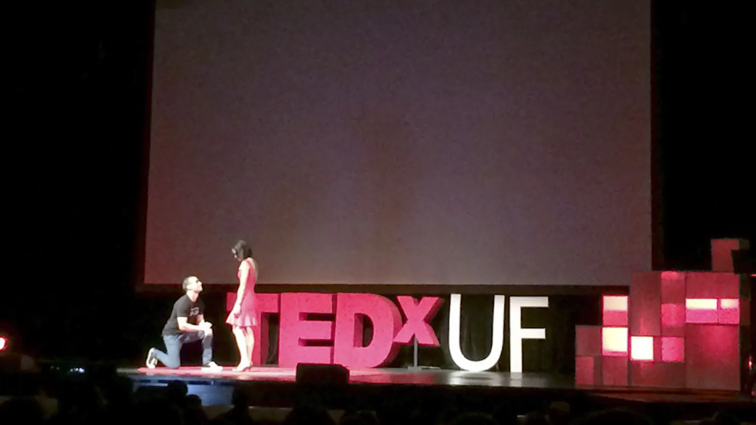 Rob Castellucci, co-founder of RoomSync and founder of the Gator Salsa Club, proposes to his girlfriend after the end of his talk at TEDxUF on Saturday. “I would go on for a thousand more reasons, but I’m pretty sure my 18 minutes is almost up,” Castellucci said. “Will you marry me?”