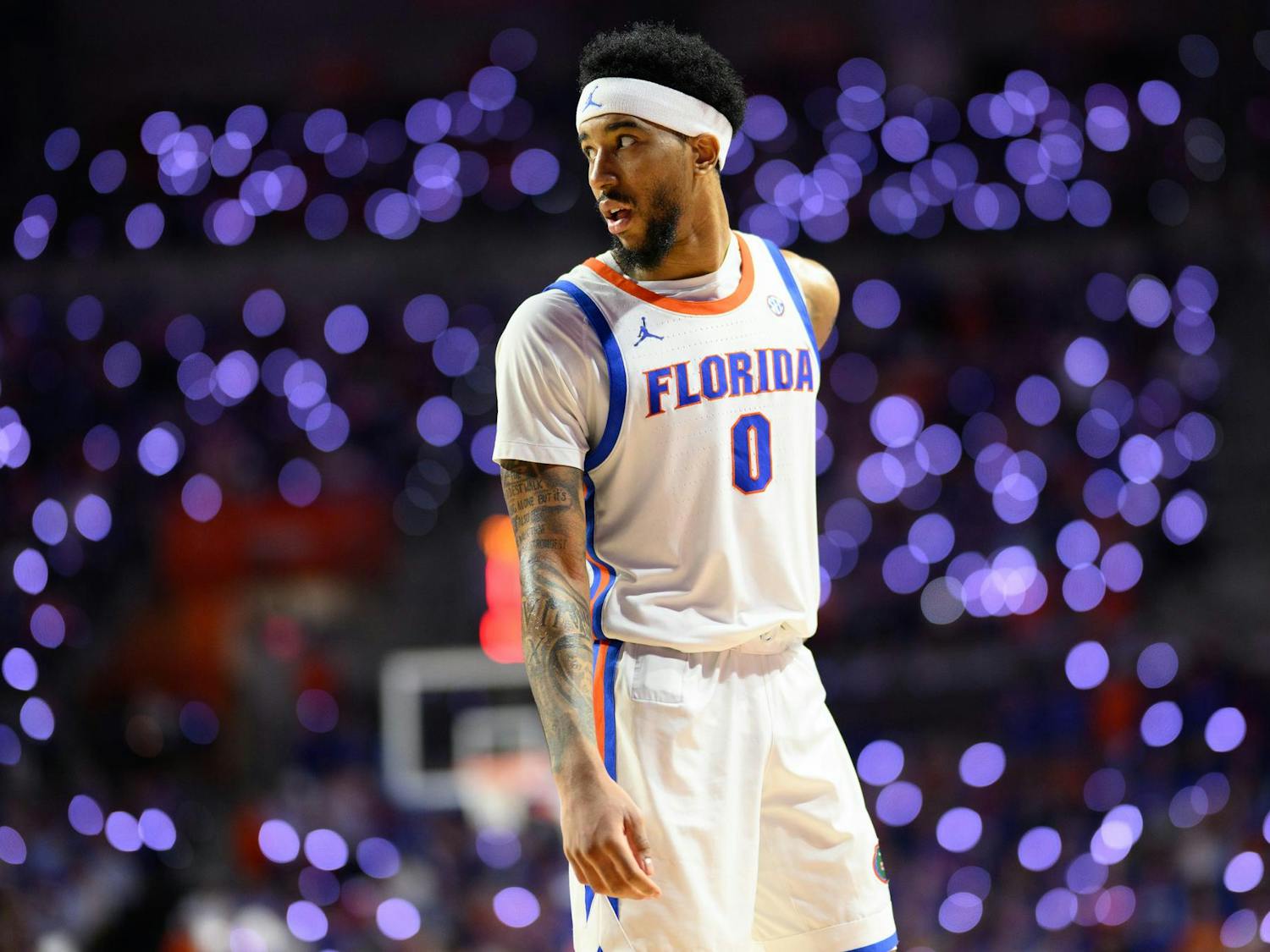 Florida guard Boogie Fland during a mid-game light show during a basketball game against Auburn, Saturday, Jan. 24, 2026, in Gainesville, Fla.