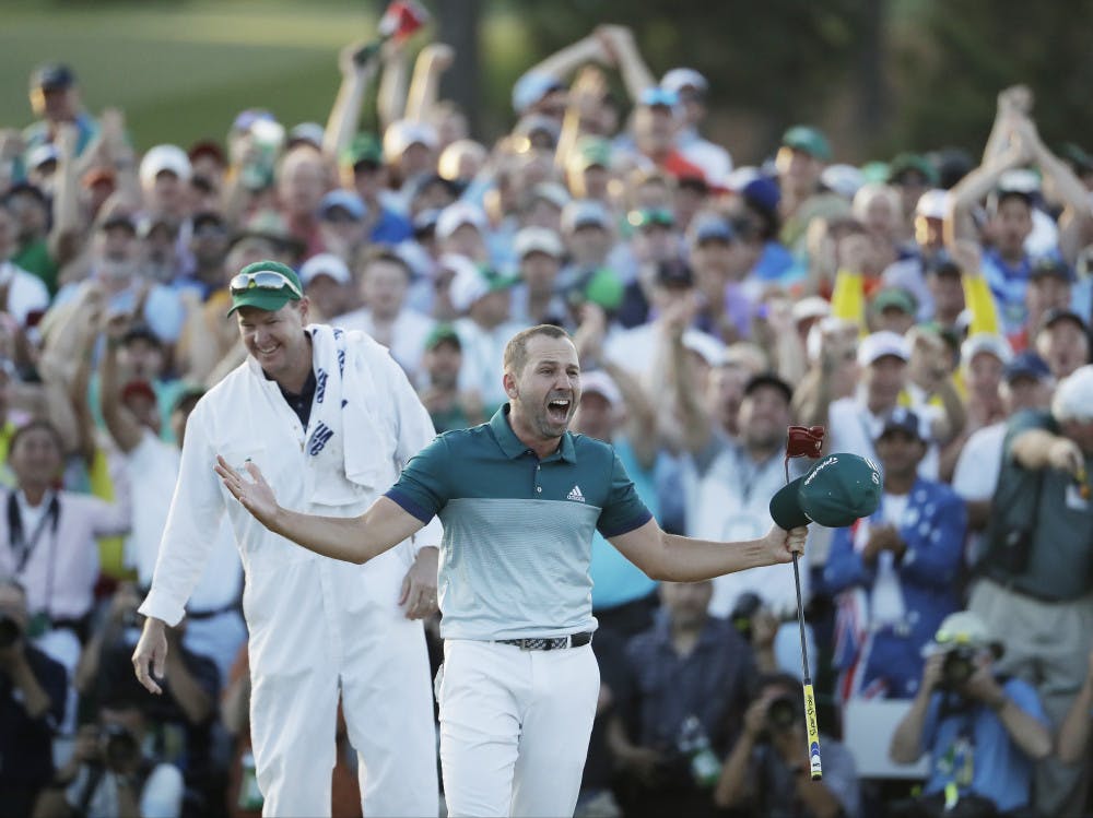 <p>Sergio Garcia, of Spain, reacts after making his birdie putt on the 18th green to win the Masters golf tournament after a playoff Sunday, April 9, 2017, in Augusta, Ga. (AP Photo/David Goldman)</p>