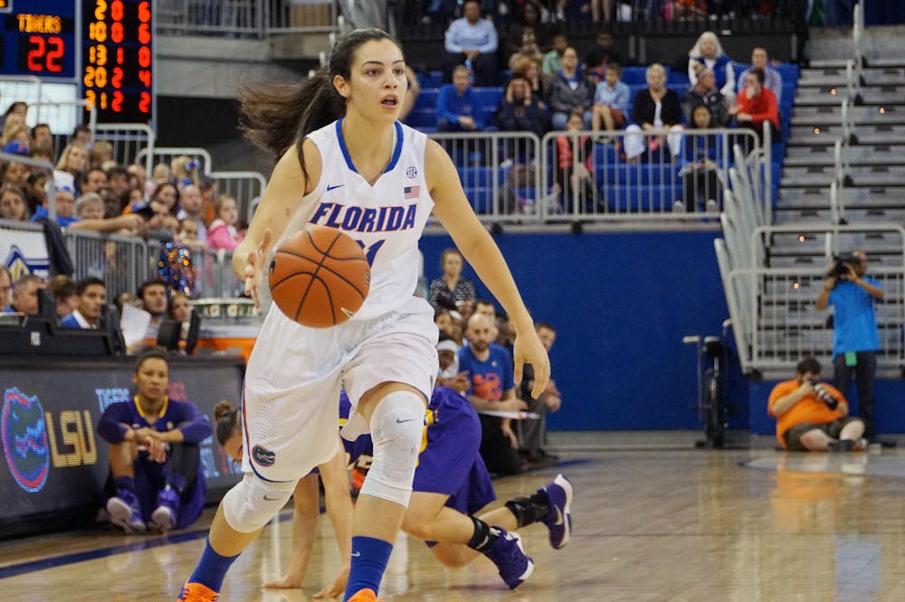 <p>UF guard Eleanna Christinaki drives down the court during Florida's 53-45 win against LSU on Jan. 17, 2016, in the O'Connell Center.</p>
