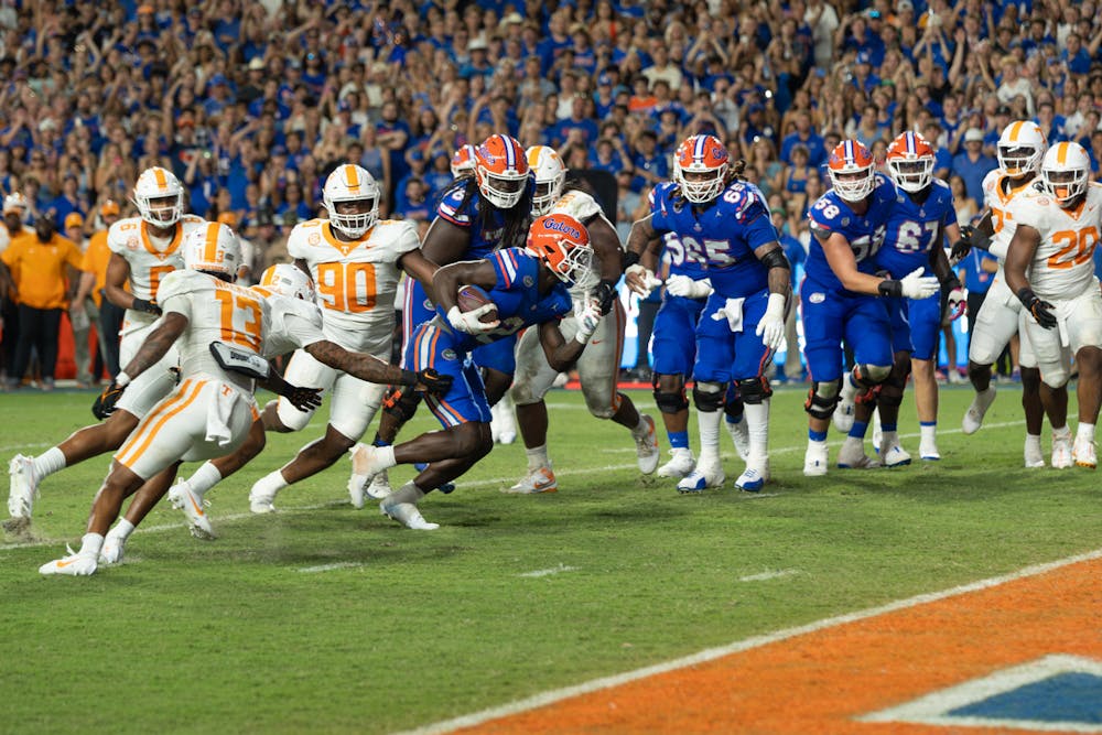 Junior running back Montrell Johnson Jr. runs toward the end zone in the Gators' 29-16 win against the No. 11 Tennessee Volunteers Saturday, Sept. 16, 2023. 