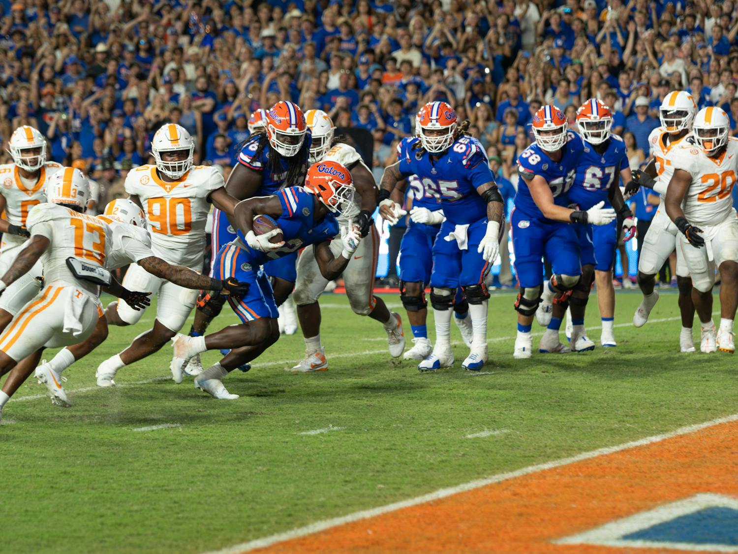 Junior running back Montrell Johnson Jr. runs toward the end zone in the Gators' 29-16 win against the No. 11 Tennessee Volunteers Saturday, Sept. 16, 2023.