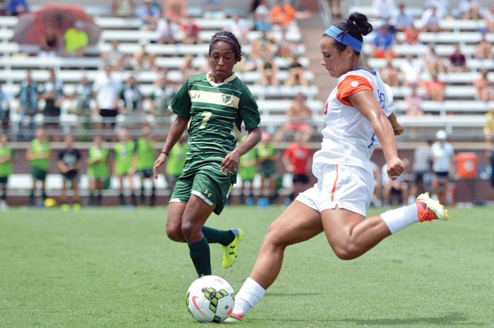 <p>Lauren Silver kicks the ball during Florida's 2-0 win against South Florida.</p>