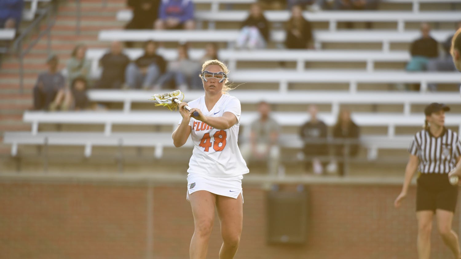 Florida lacrosse graduate student Paisley Eagan looks to pass the ball in the team's exhibition against the Scotland National Team on Wednesday, February 14, 2024. 