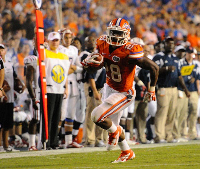 Florida running back Jeff Demps rushed for 105 yards and two touchdowns in the Gators’ 41-3 win against FAU in the season opener last Saturday. It was Demps’ fifth-career 100-yard game.