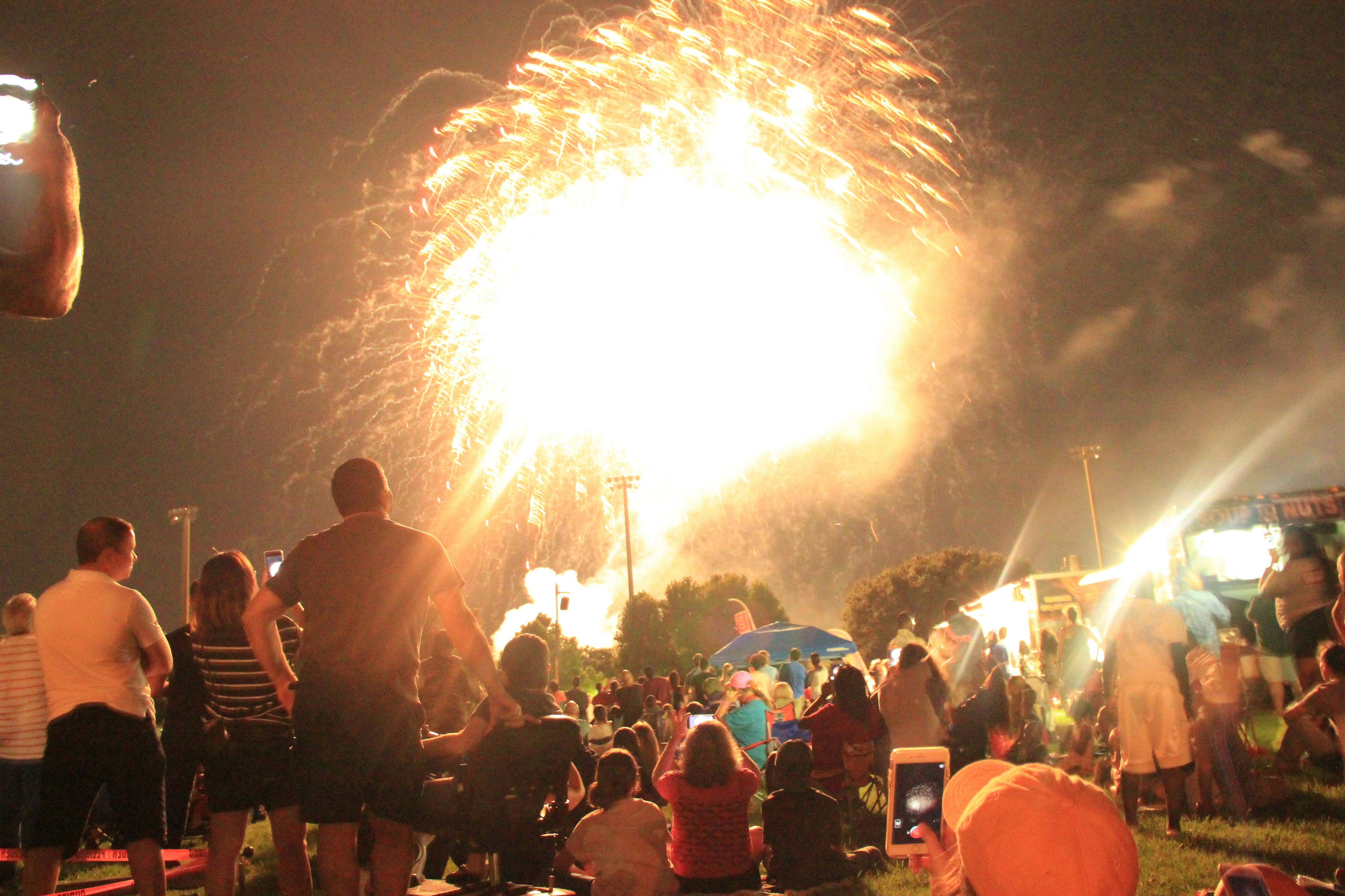 Spectators watch the fireworks display at the end of the Fanfare and Fireworks 2018 event at Flavet Field. 