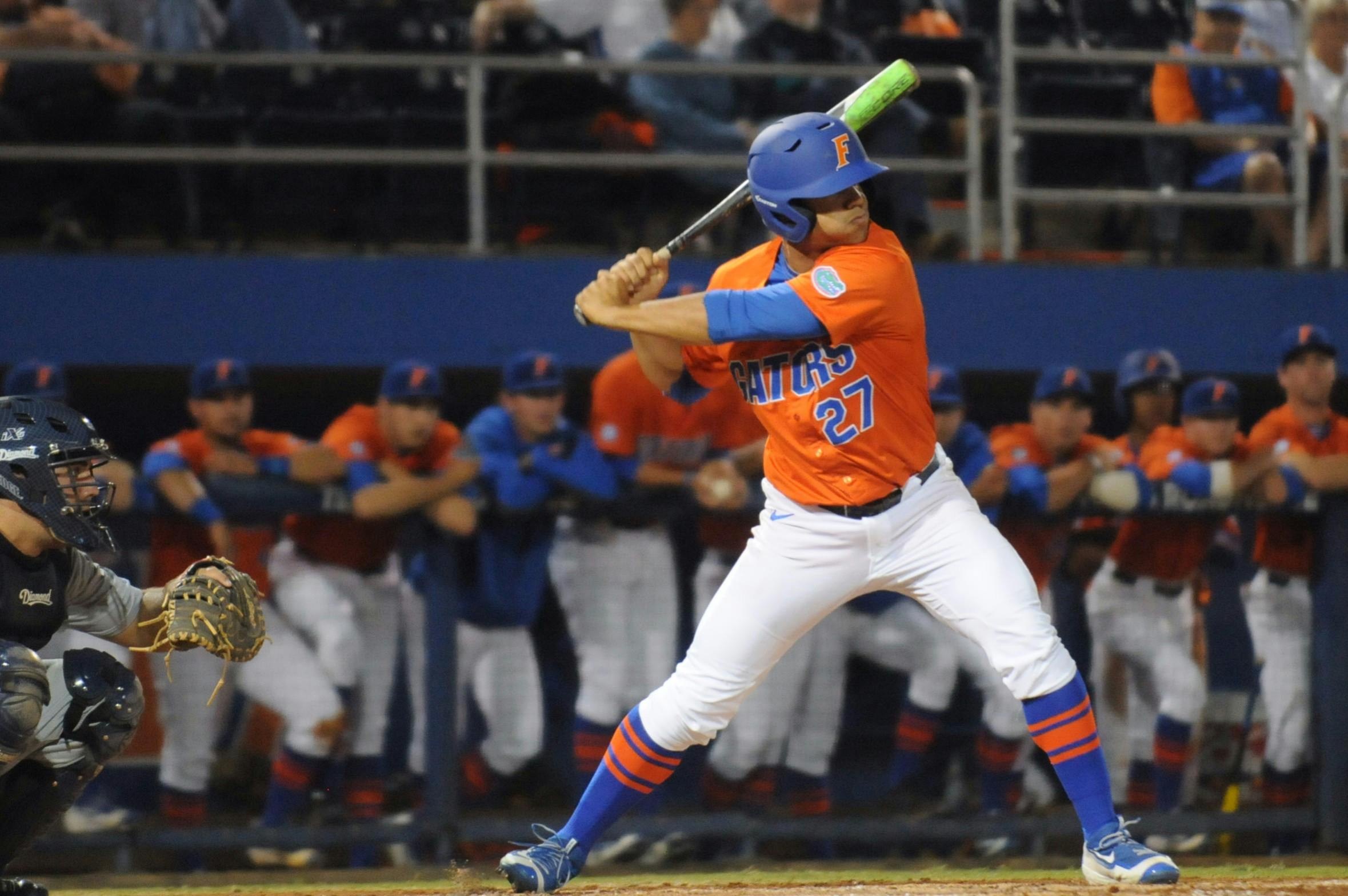 Nelson Maldonado bats during Florida's 5-4 win against North Florida on March 9, 2016, at McKethan Stadium.