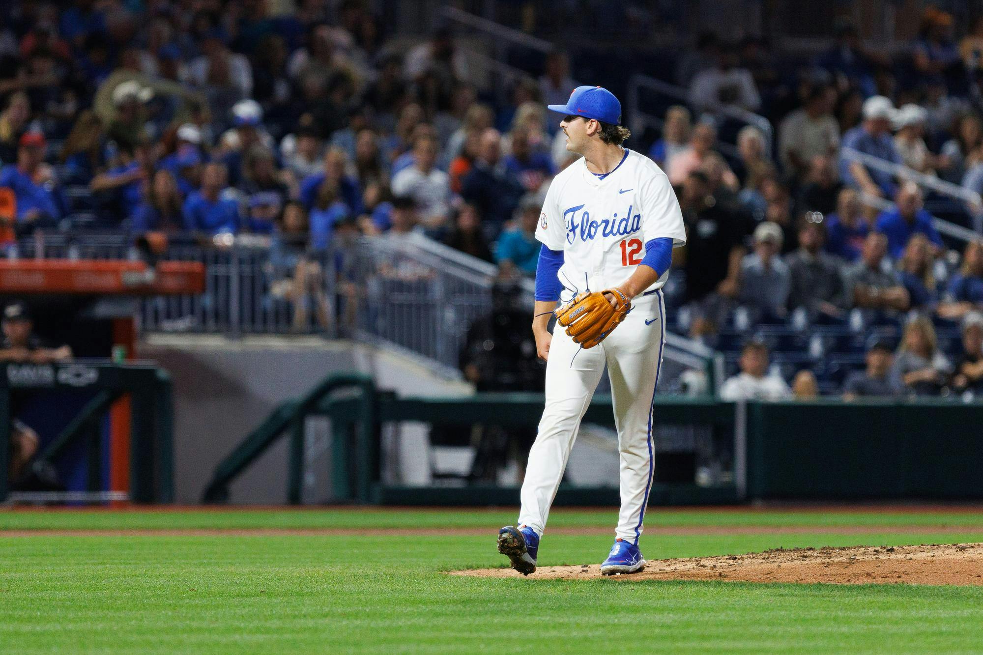 Florida Gators right handed pitcher Liam Peterson celebrates a strikeout during an NCAA Baseball game against Kennesaw State, Friday, Feb. 20, 2026, in Gainesville, Fla.