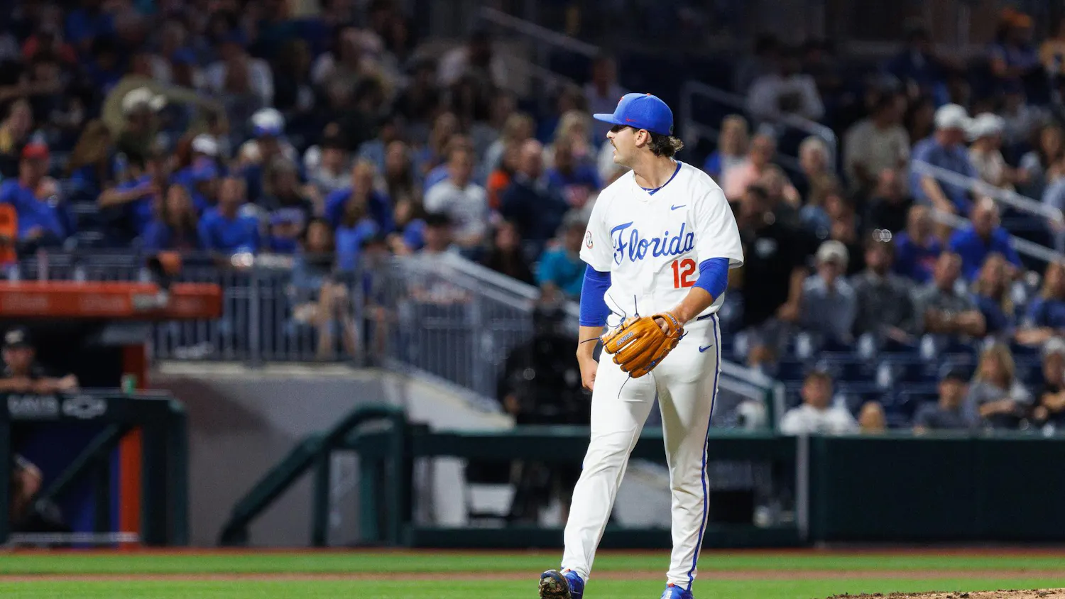 Florida Gators right handed pitcher Liam Peterson celebrates a strikeout during an NCAA Baseball game against Kennesaw State, Friday, Feb. 20, 2026, in Gainesville, Fla.