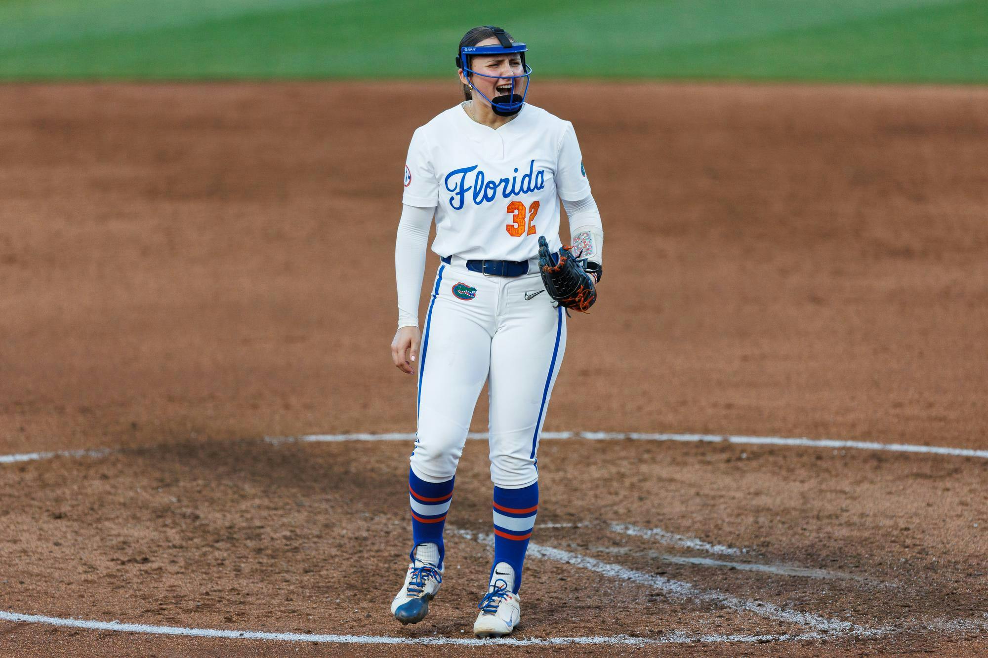 Florida Gators right handed pitcher Leah Stevens yells after a strikeout during an NCAA softball game against Stetson, Wednesday, March 25, 2026, in Gainesville, Fla.