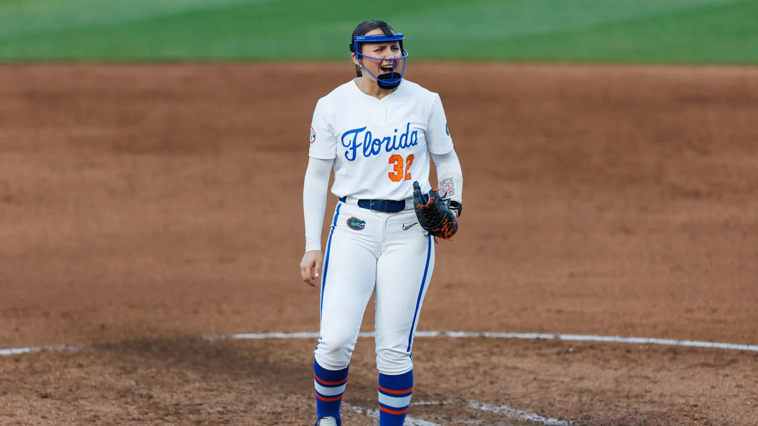 Florida Gators right handed pitcher Leah Stevens yells after a strikeout during an NCAA softball game against Stetson, Wednesday, March 25, 2026, in Gainesville, Fla.