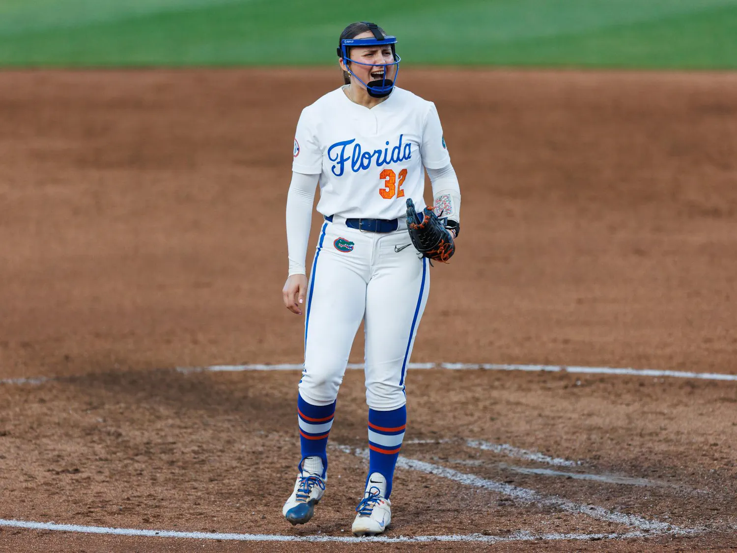 Florida Gators right handed pitcher Leah Stevens yells after a strikeout during an NCAA softball game against Stetson, Wednesday, March 25, 2026, in Gainesville, Fla.