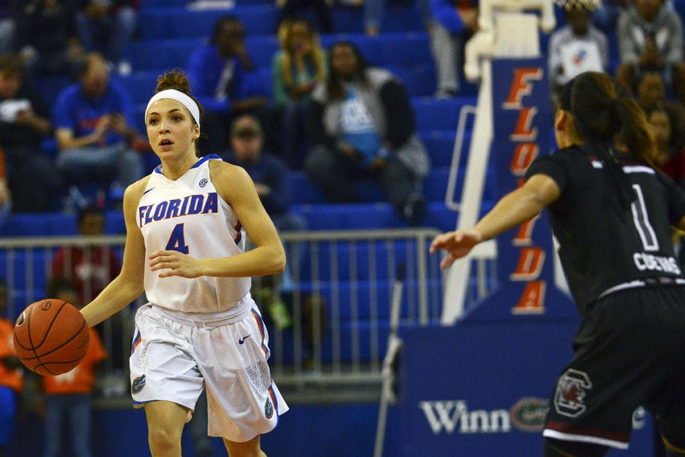 <p>Carlie Needles dribbles the ball down the court during Florida's 77-42 loss to No. 1 South Carolina on Jan. 19 in the O'Connell Center.</p>