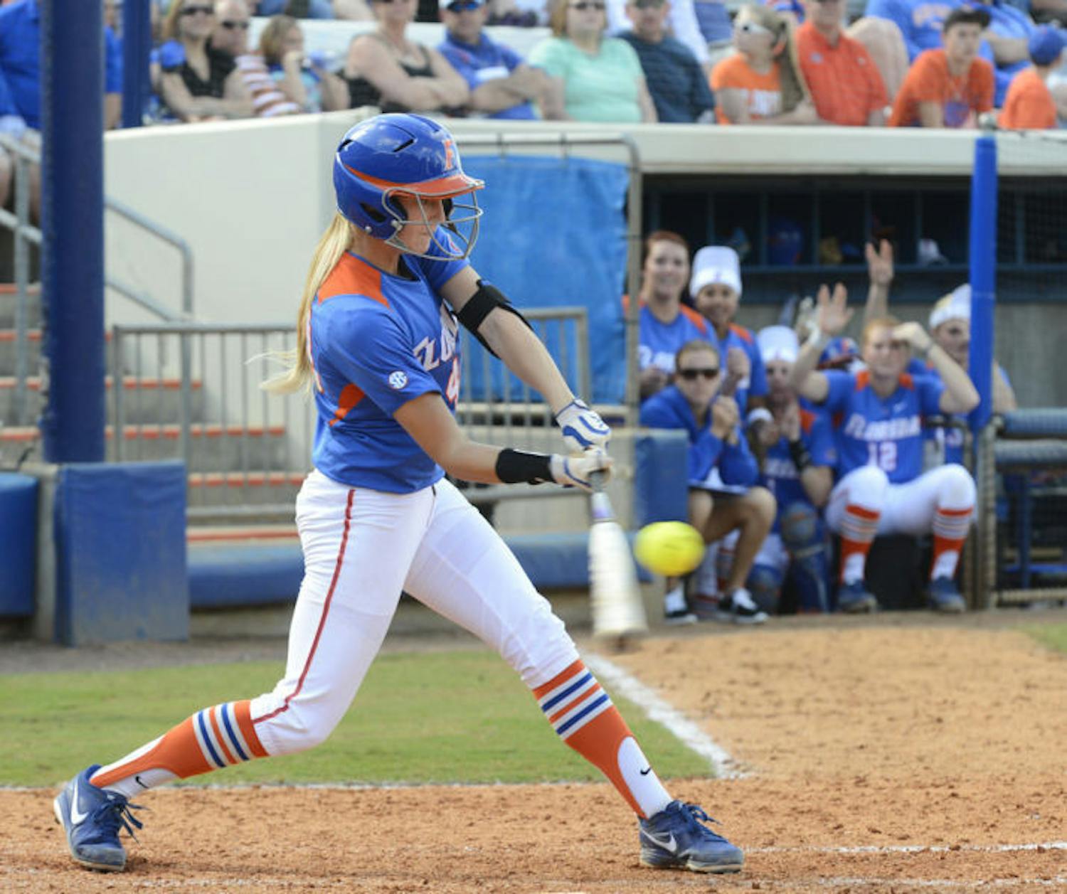 Taylor Schwarz swings during Florida’s 4-2 win against Mississippi State on Apr. 6, 2013, at Katie Seashole Pressly Stadium.&nbsp;