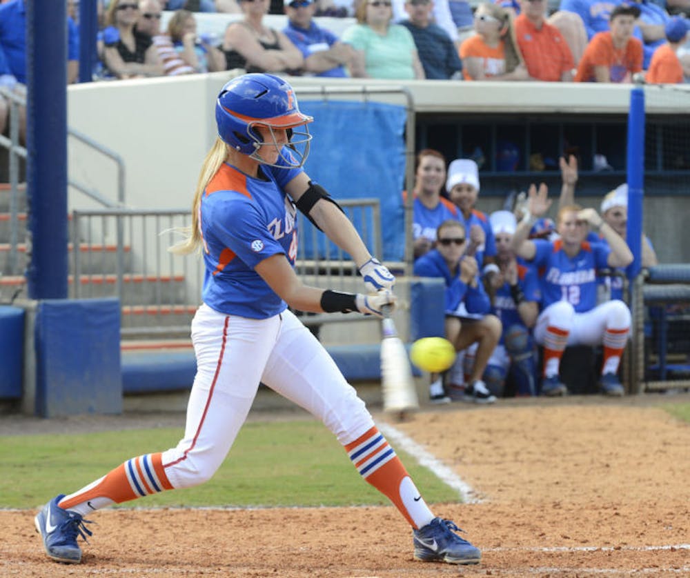 <p>Taylor Schwarz swings during Florida’s 4-2 win against Mississippi State on Apr. 6, 2013, at Katie Seashole Pressly Stadium.&nbsp;</p>