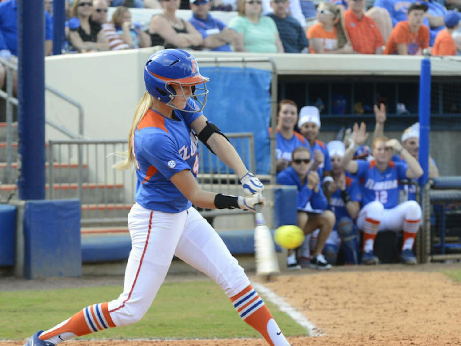 Taylor Schwarz swings during Florida’s 4-2 win against Mississippi State on Apr. 6, 2013, at Katie Seashole Pressly Stadium.&nbsp;