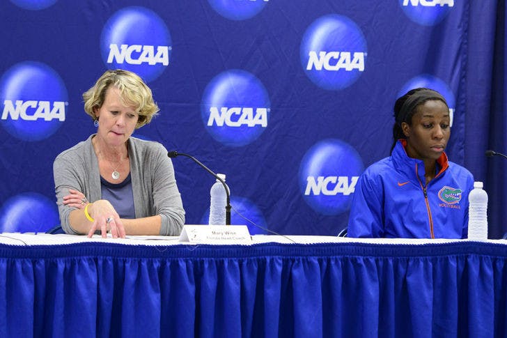 Gators coach Mary Wise (left) and Chloe Mann speak to reporters at their press conference following Florida’s five-set defeat against Florida State on Friday night in the O'Connell Center.