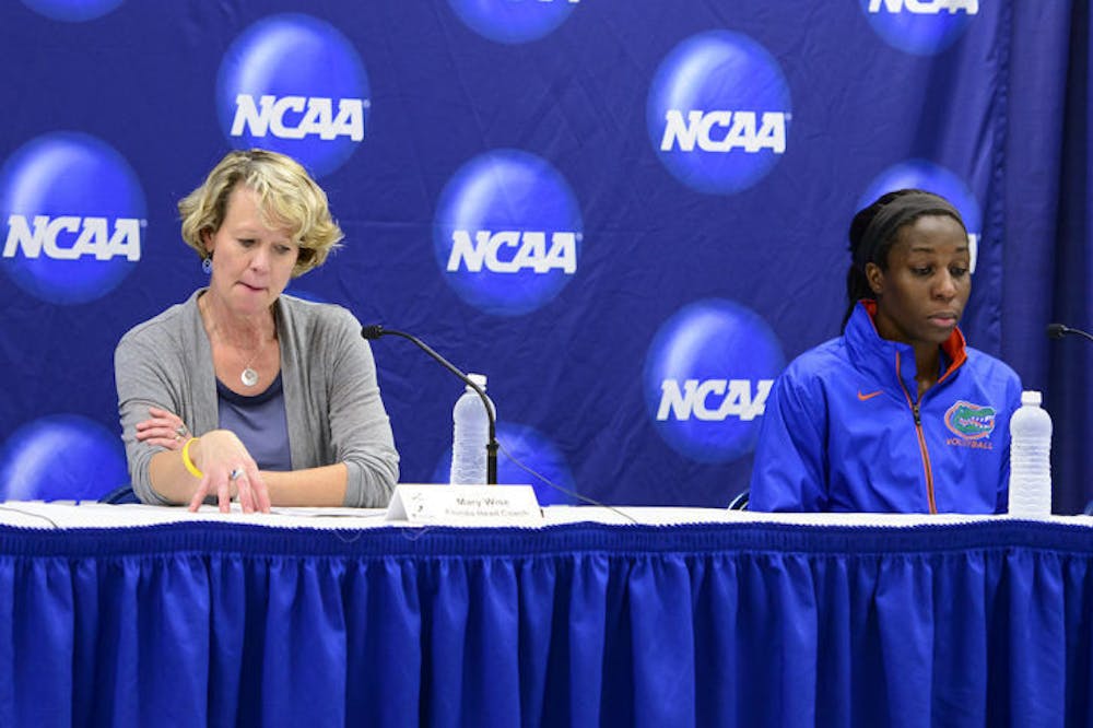 <p>Gators coach Mary Wise (left) and Chloe Mann speak to reporters at their press conference following Florida’s five-set defeat against Florida State on Friday night in the O'Connell Center.</p>