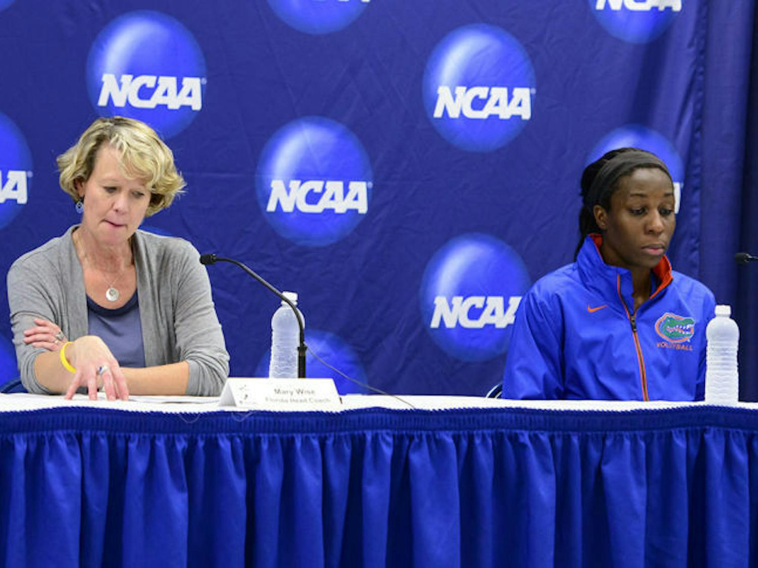 Gators coach Mary Wise (left) and Chloe Mann speak to reporters at their press conference following Florida’s five-set defeat against Florida State on Friday night in the O'Connell Center.