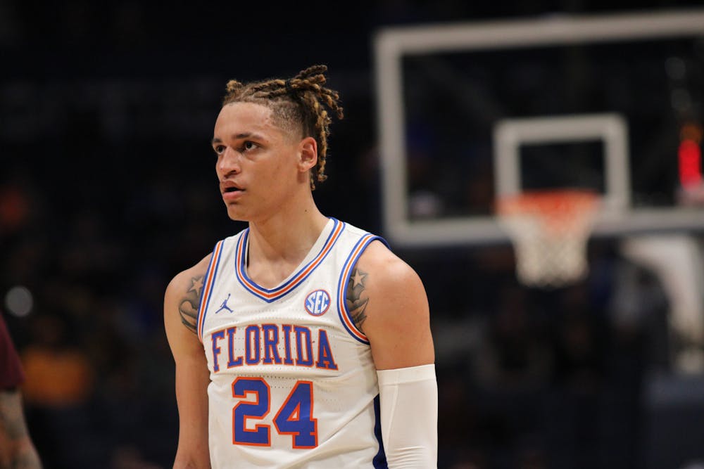 Florida guard Riley Kugel stands on the court during the Gators' 69-68 loss to the Mississippi State Bulldogs in the second round of the Southeastern Conference Tournament Thursday, March 9, 2023.