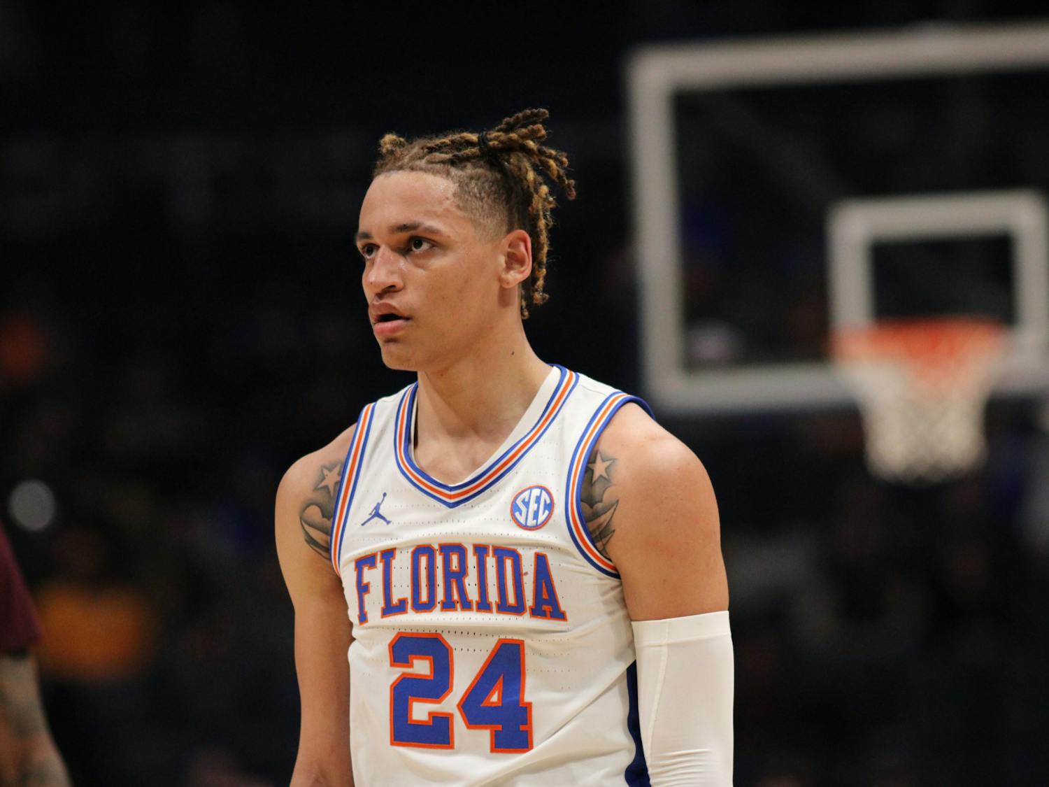 Florida guard Riley Kugel stands on the court during the Gators' 69-68 loss to the Mississippi State Bulldogs in the second round of the Southeastern Conference Tournament Thursday, March 9, 2023.