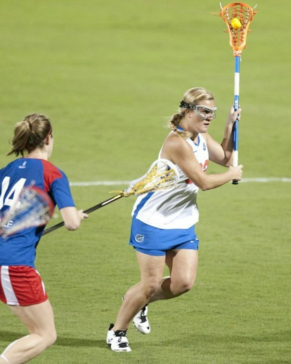 <p>Florida attacker Caroline Cochran drives in an exhibition against England on Jan. 26. The Gators’ lone senior, Cochran suffered a torn ACL in the first game of the season.&nbsp;</p>
