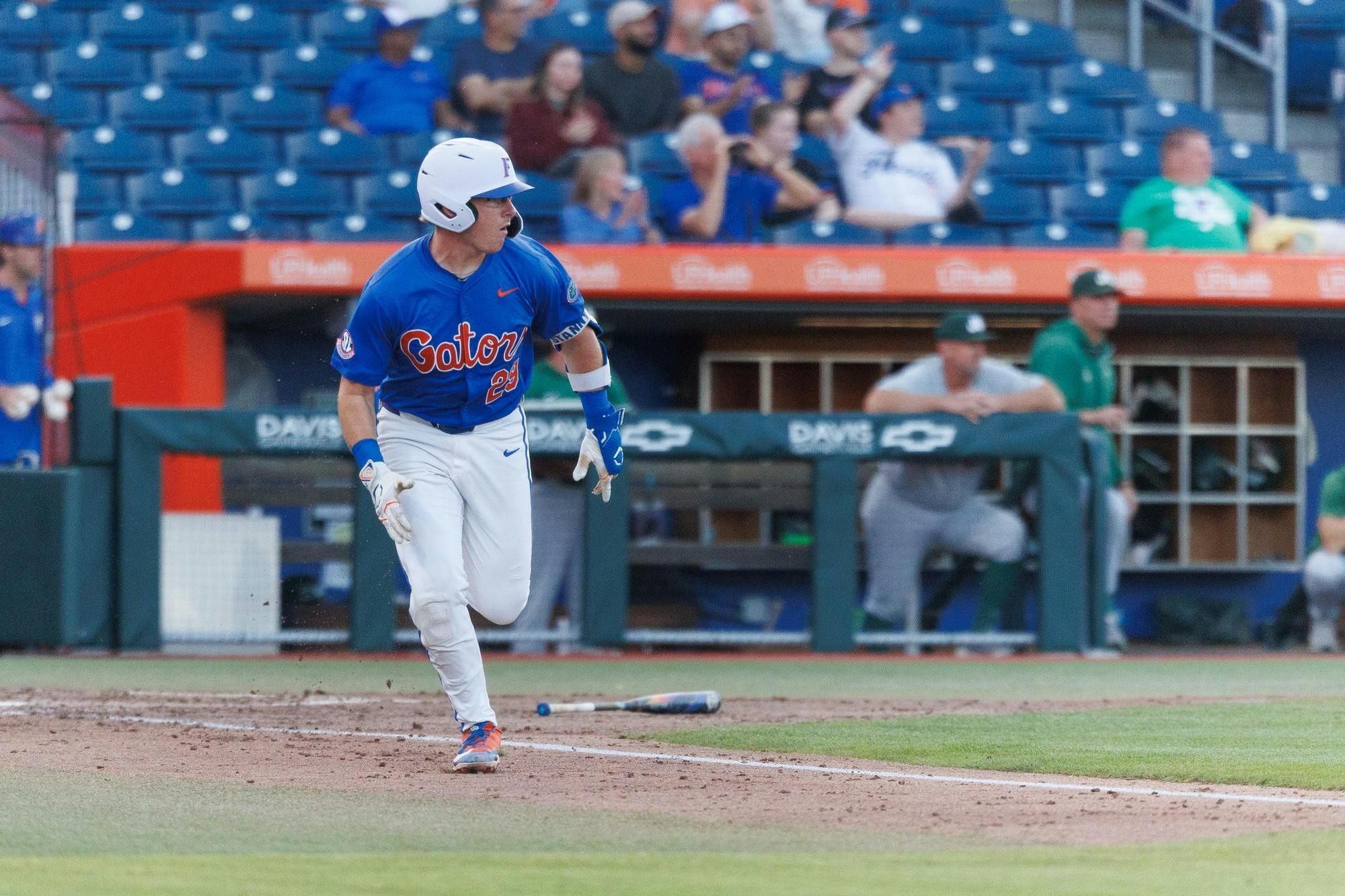 Florida catcher Cole Stanford (29) runs to frist base during an NCAA baseball game against Jacksonville University, Tuesday, March 31, 2026, in Gainesville, Fla.