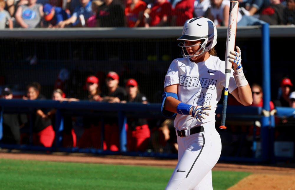 <p>Nicole DeWitt stands in the batters box during Florida's 5-0 win against Georgia on April 8, 2017, at Katie Seashole Pressly Stadium.</p>
