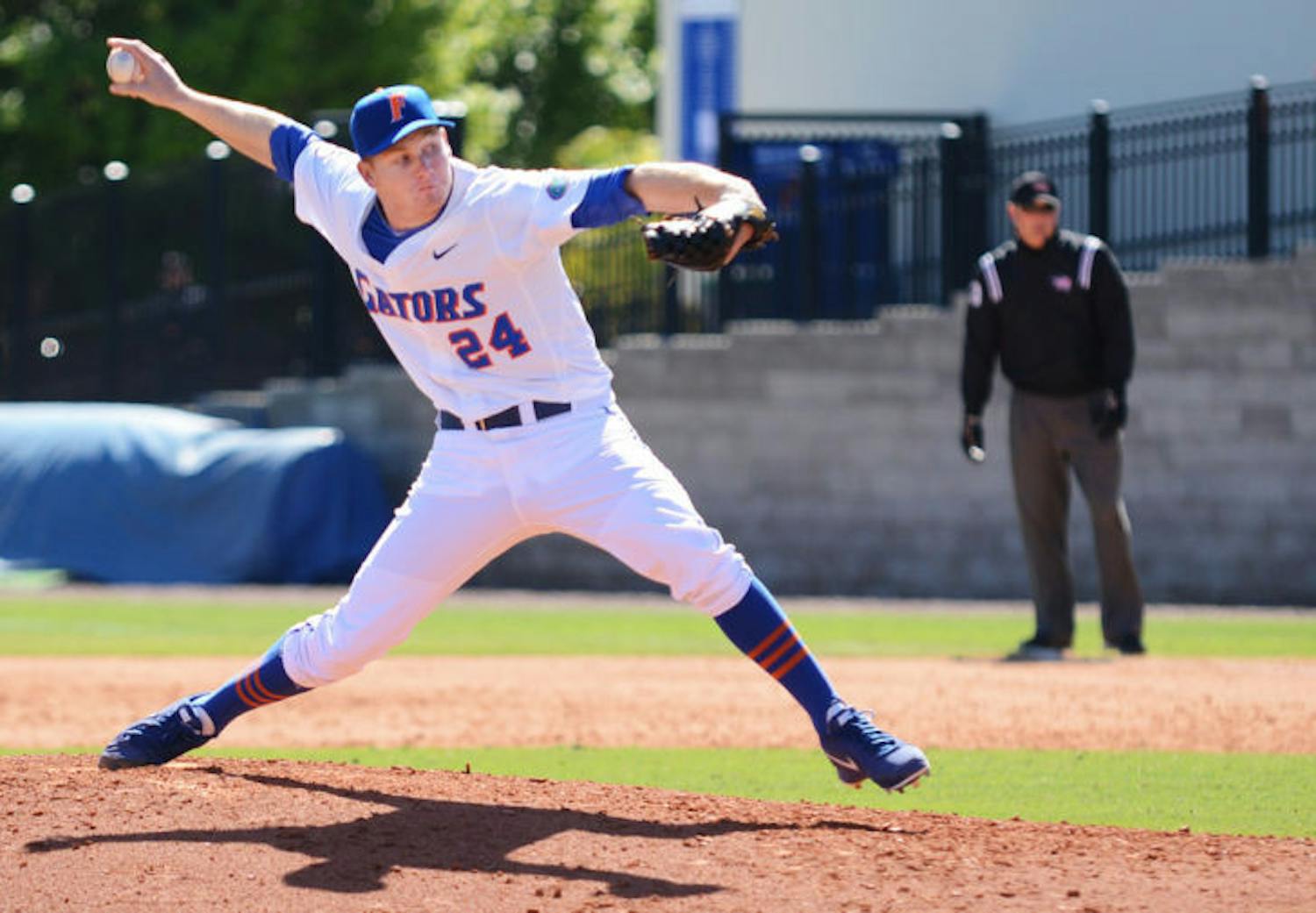 Sophomore pitcher Ryan Harris throws a pitch during Florida’s 16-5 victory against Duke on Sunday at McKethan Stadium. Harris and the UF pitching staff have issued seven leadoff walks in 48 innings this season. Three of the free passes have sparked two-run innings by the opposition.
