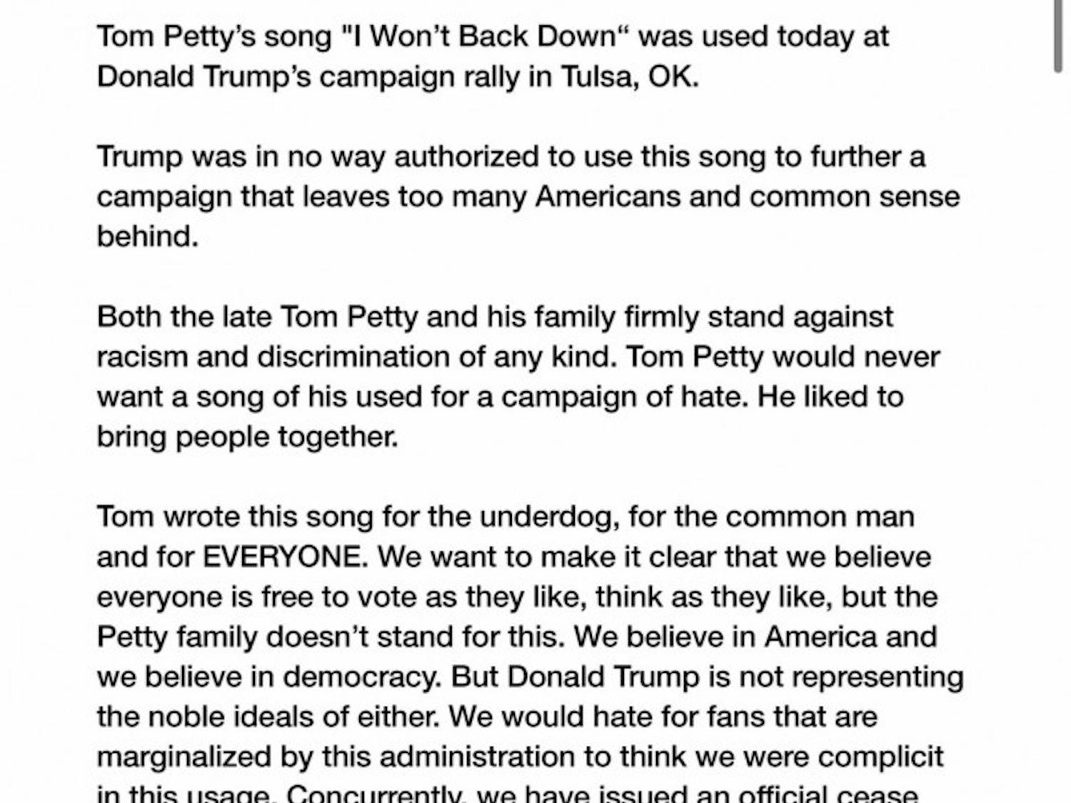 On June 20, the Petty family issued an official cease and desist warning to the Trump campaign regarding the usage of the song “I Won’t Back Down” at an Oklahoma rally.