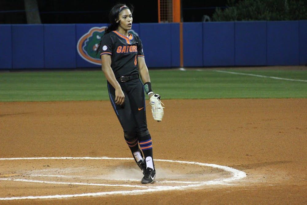 <p>UF pitcher Aleshia Ocasio throws a pitch during Florida's 9-3 win against Northwestern State on Feb. 17, 2017, at Katie Seashole Pressly Stadium.&nbsp;</p>