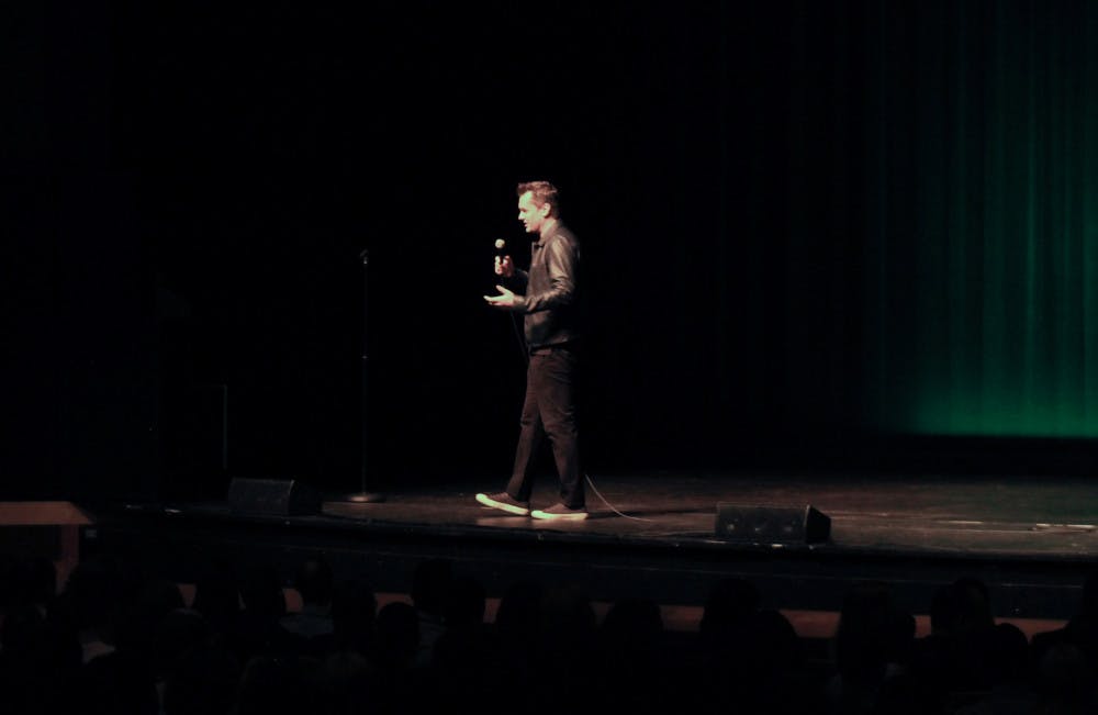 Jim Jefferies performs a comedy routine at the Phillips Center for the Performing Arts during an event hosted by Accent Speakers Bureau on Thursday. 