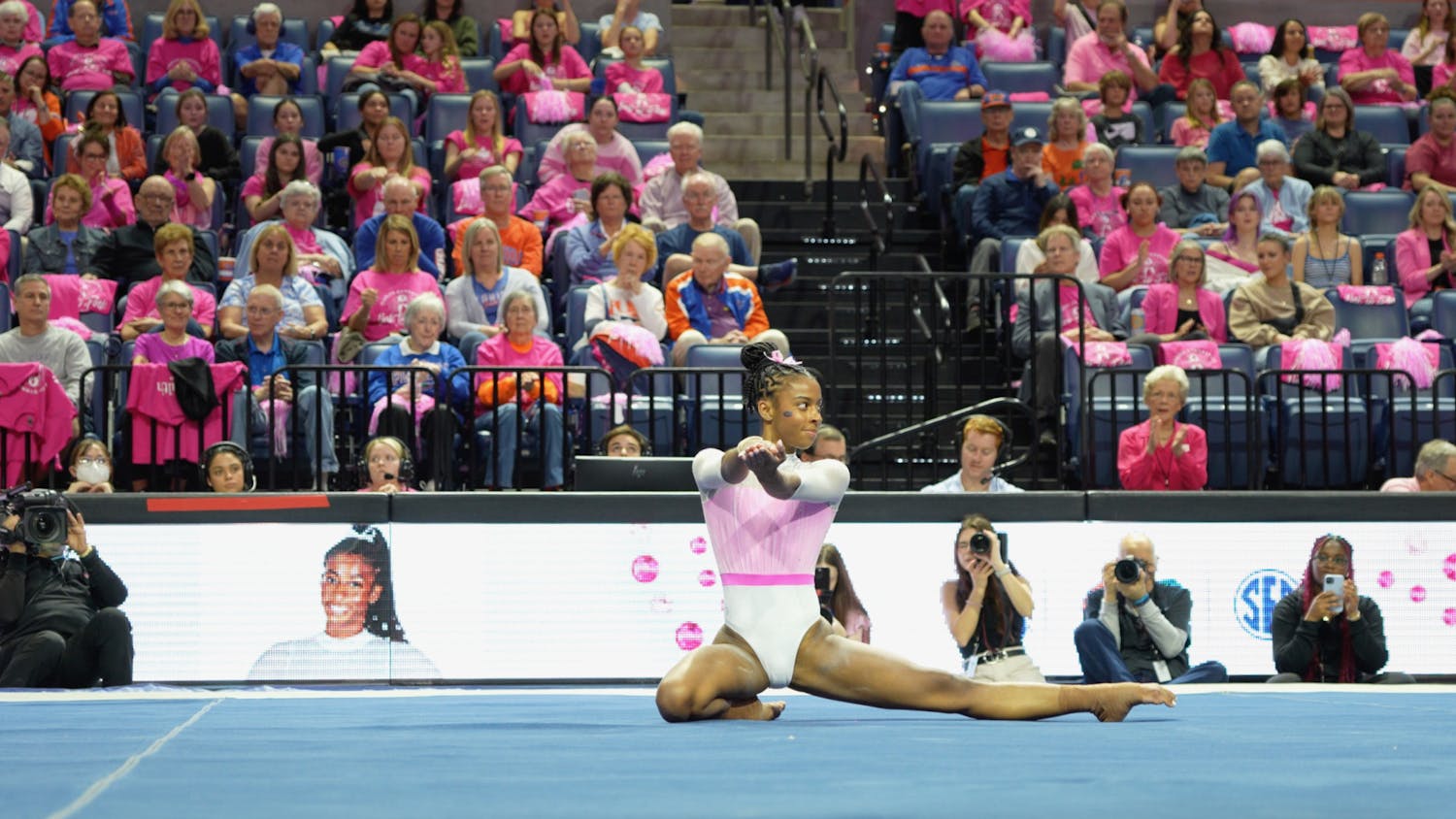 Freshman Anya Pilgrim performs her floor routine in the Gators' annual Link to Pink meet on Friday, Feb. 9, 2024.