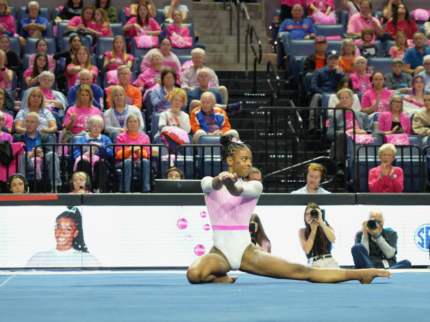 Freshman Anya Pilgrim performs her floor routine in the Gators&#x27; annual Link to Pink meet on Friday, Feb. 9, 2024. 