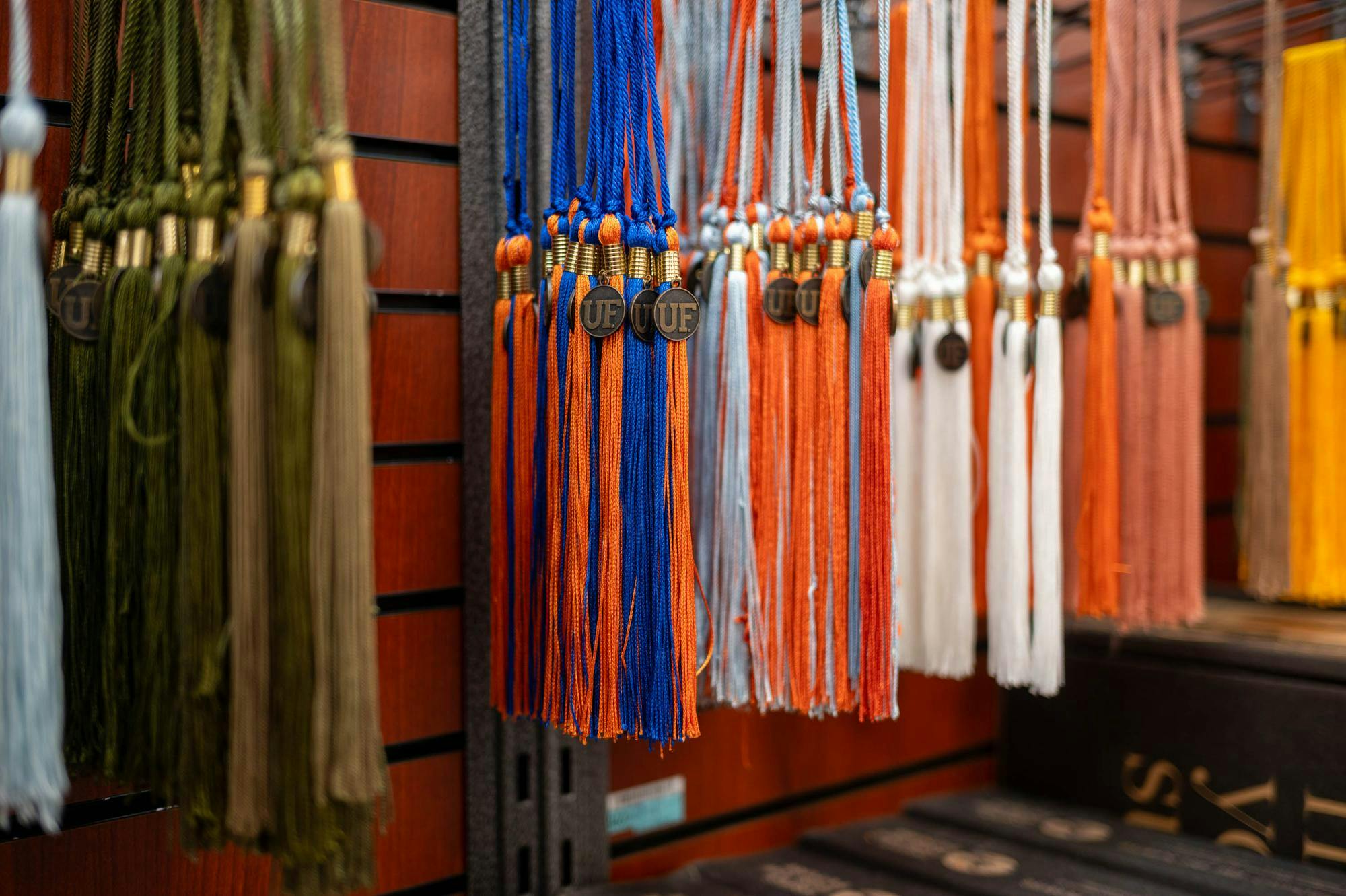 Graduation tassels sit on sale at the UF Bookstore in the Reitz Union, Friday, April 10, 2026, in Gainesville, Fla.