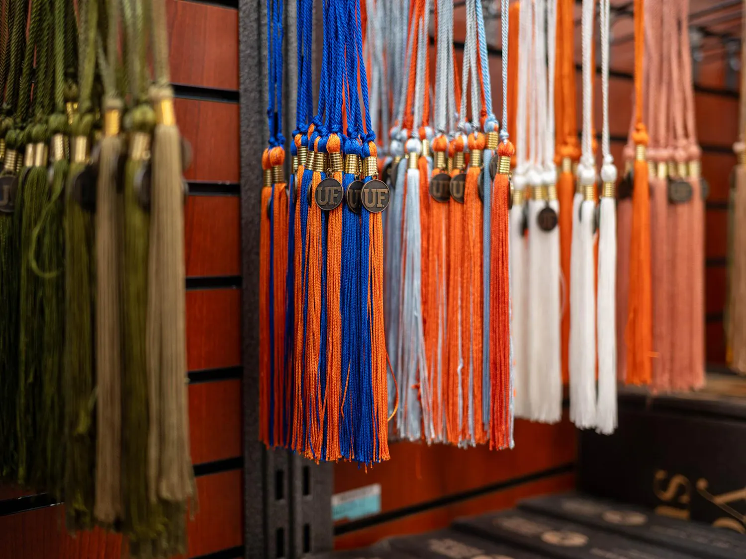 Graduation tassels sit on sale at the UF Bookstore in the Reitz Union, Friday, April 10, 2026, in Gainesville, Fla.
