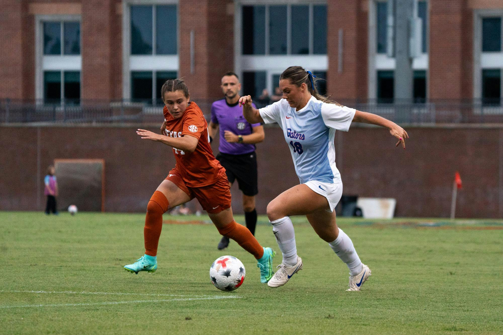 Florida's Kelsey Smith driving the ball past Texas defender and into the box during their matchup against the longhorns in Gainesville, Fla. Thursday, Sept. 24.