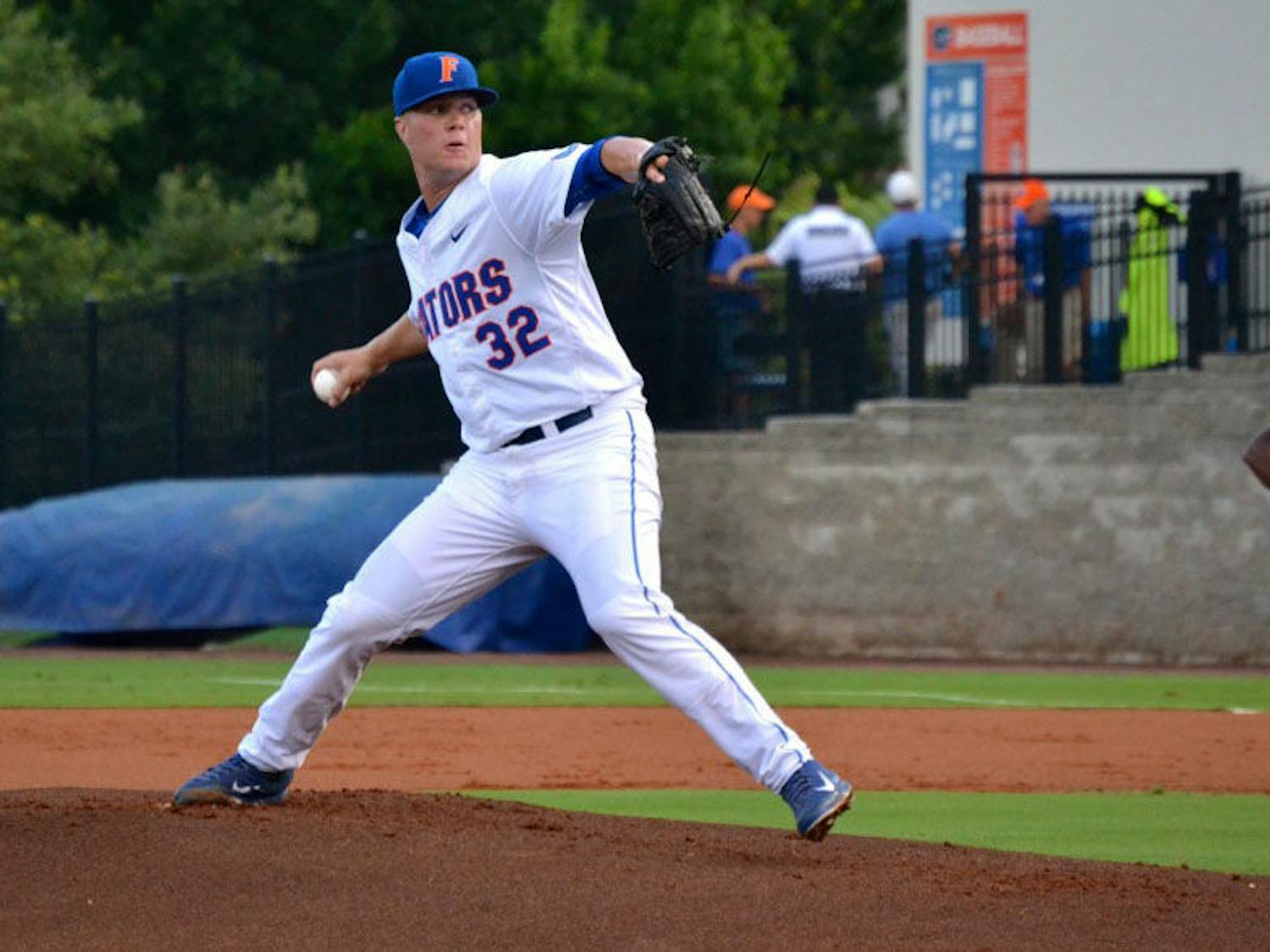 UF right-handed pitcher Logan Shore throws a pitch during Florida's 4-1 loss to Auburn on May 15, 2015, at McKethan Stadium.