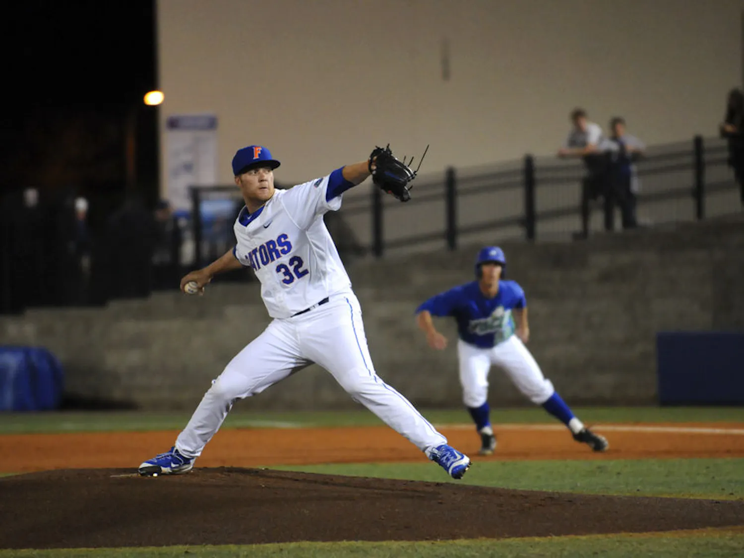 Logan Shore pitches during Florida's 4-2 win against Florida Gulf Coast on Feb. 19 at McKethan Stadium.