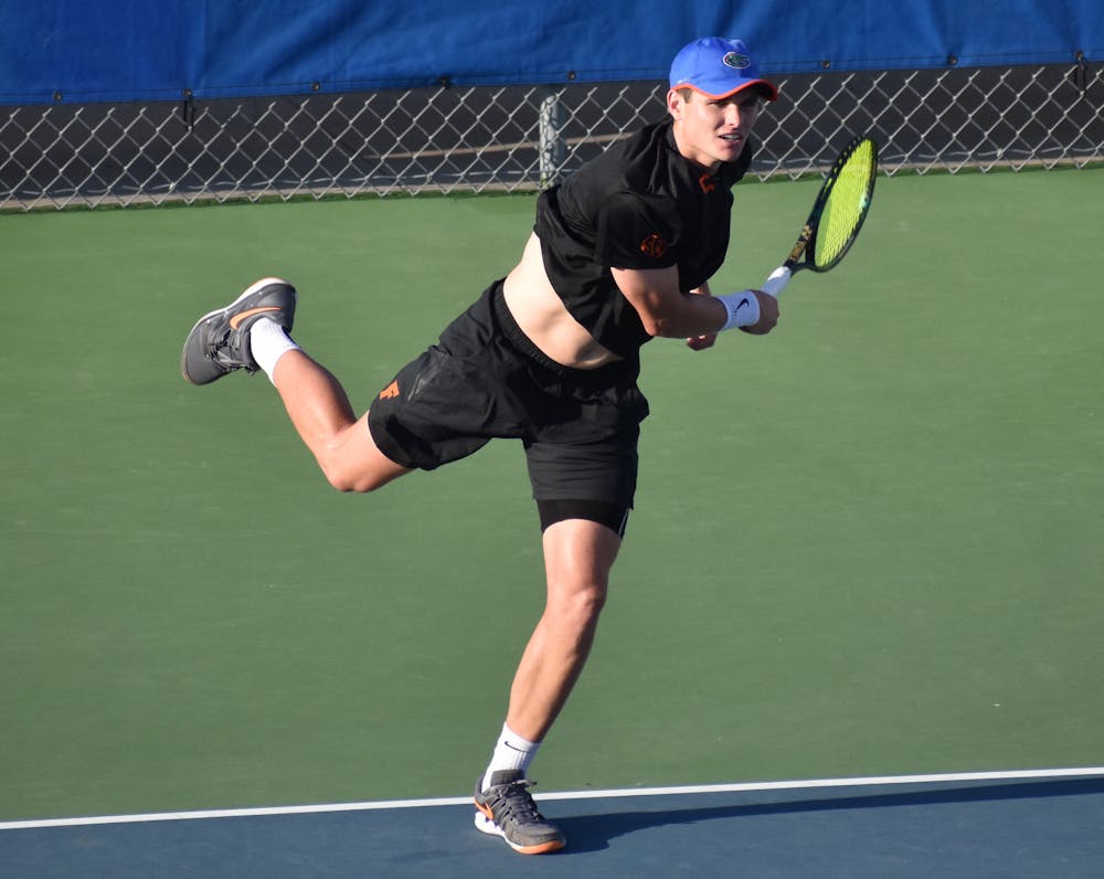 <p>Sam Riffice during a match against TCU March 17, 2021. The senior won his match Sunday against Tennessee&#x27;s Emile Hudd.</p>