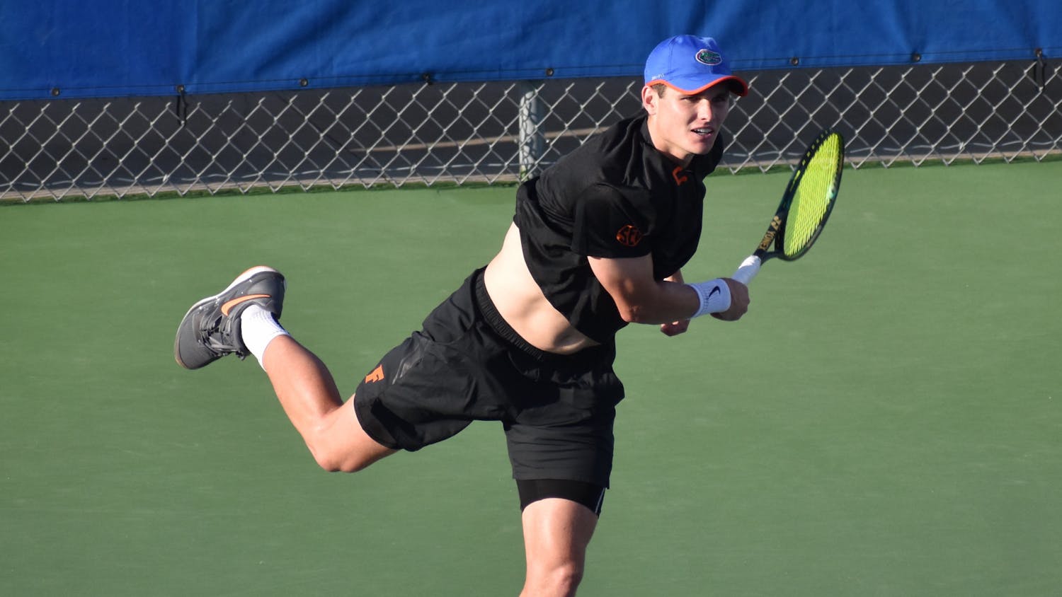 Sam Riffice during a match against TCU March 17, 2021. The senior won his match Sunday against Tennessee&#x27;s Emile Hudd.