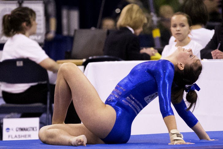Florida freshman gymnast Bridgette Caquatto performs her floor routine during the NCAA Regionals on April 6 in the O’Connell Center. Caquatto has filled in for injured starters this season.