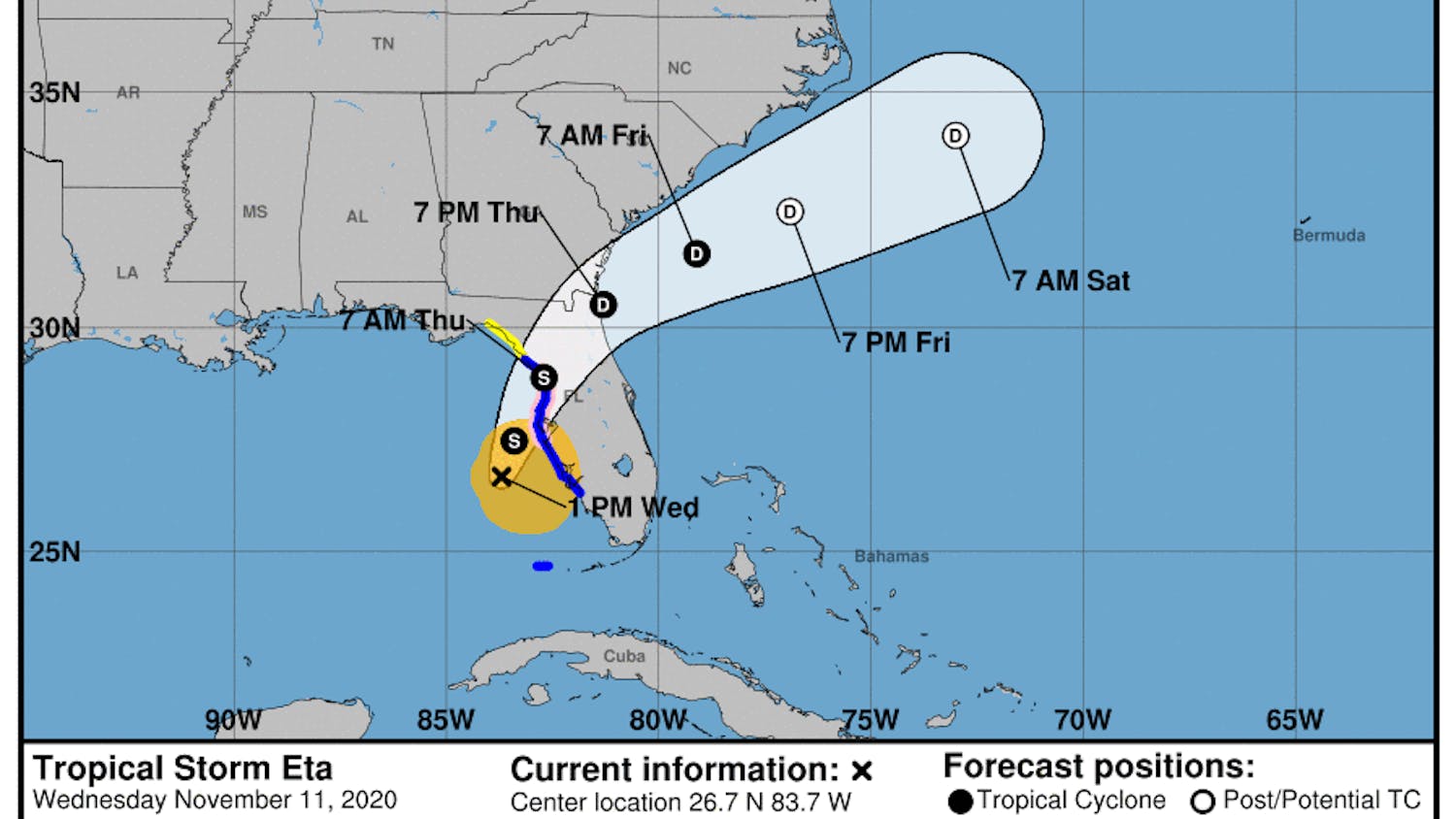 The storm, with sustained winds of 75 mph, is centered roughly 140 miles southwest of Tampa, and is moving to the northeast as of Wednesday afternoon.
