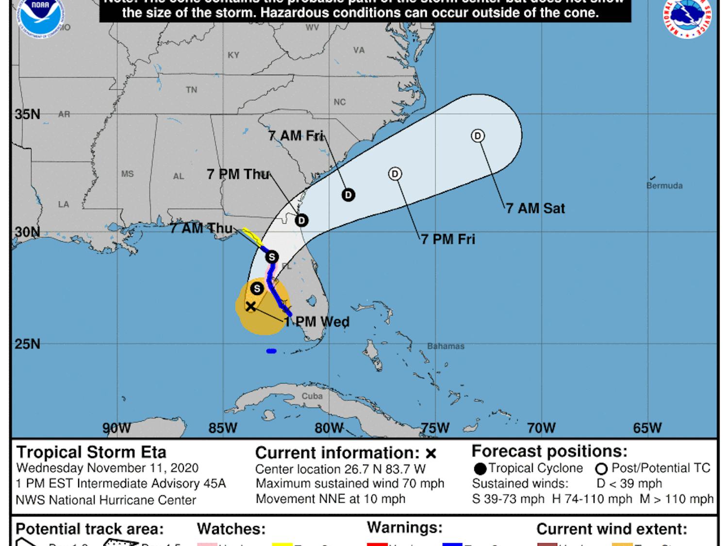 The storm, with sustained winds of 75 mph, is centered roughly 140 miles southwest of Tampa, and is moving to the northeast as of Wednesday afternoon.
