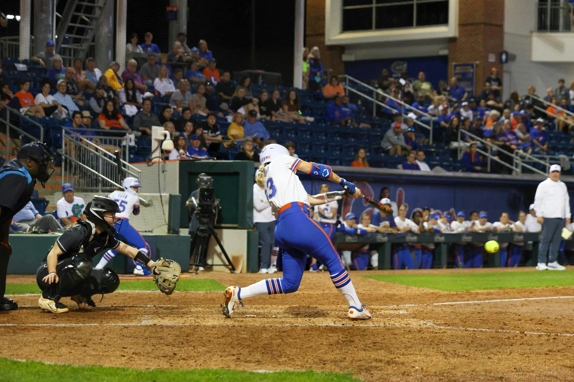 Florida infielder Kaila Pollard swings her bat in the Gators' win against the Jacksonville Dolphins Wednesday, Feb. 15, 2023.