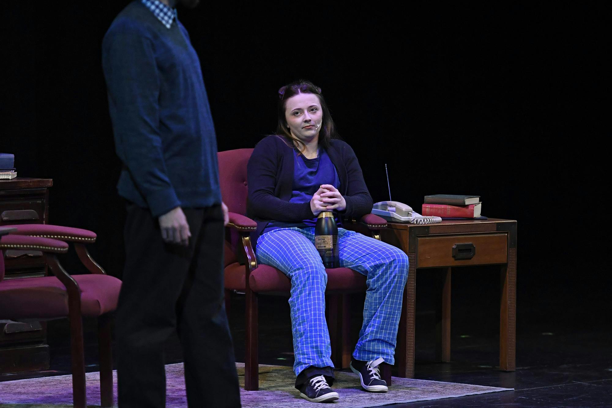 An actress watches an actor as a “ten-minute play” is performed on Friday, Jan. 30, 2026, at the Jackson N. Sasser Fine Arts Hall at Santa Fe College in Gainesville, FL. (Matthew Lewis)