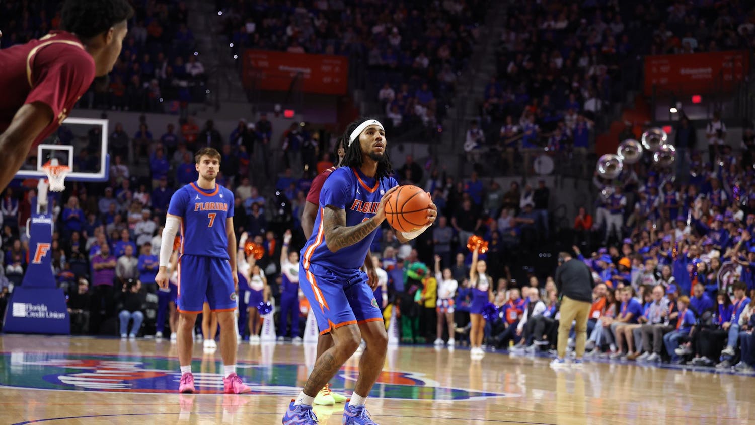 Gators guard Boogie Fland shoots a free throw against the Florida State Seminoles at the Stephen C. O'Connell Center on Tuesday, Nov. 11, 2025.