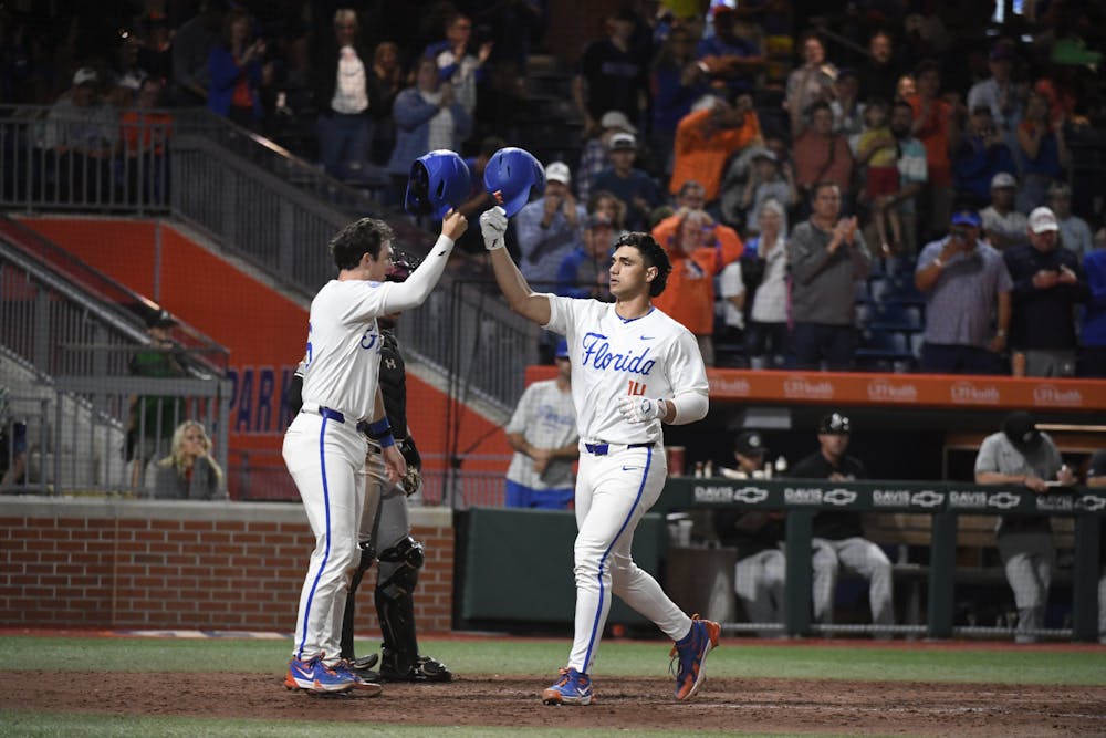 Florida baseball first baseman Jac Caglianone celebrates a home run in the team's loss to the South Carolina Gamecocks on Friday, April 12, 2024. 